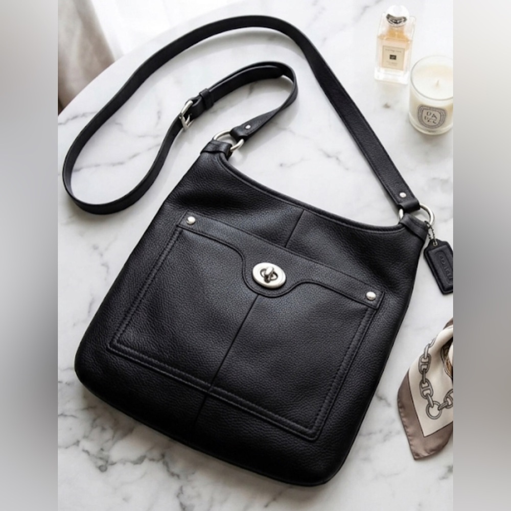 Coach Black Pebbled Leather Shoulder Bag with Turn-Lock